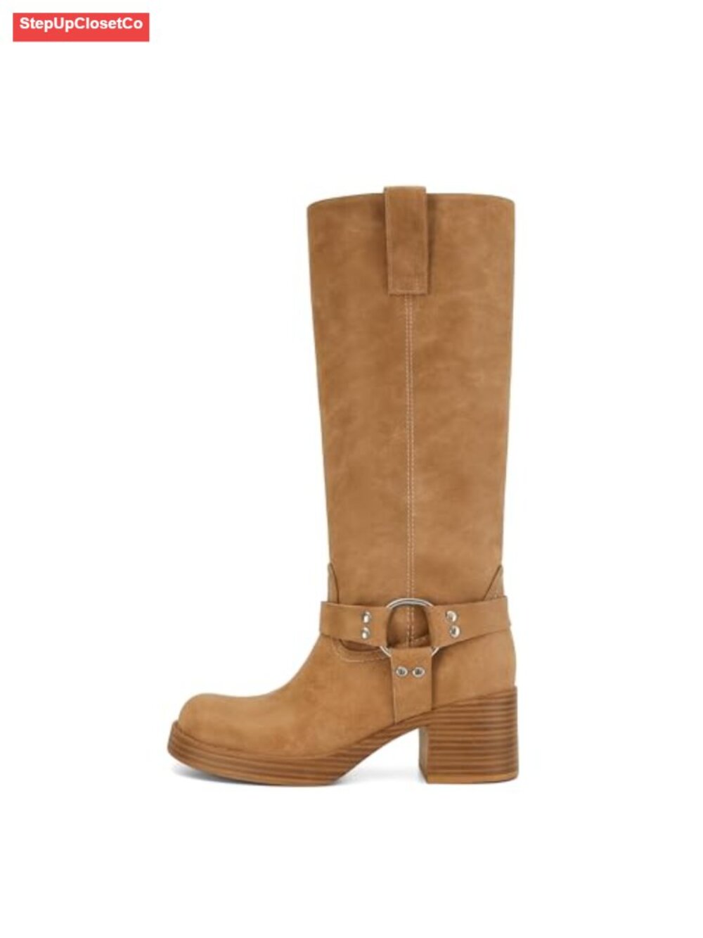Knee High Riding Boots Chunky Heel Wide Calf Faux Leather Side Zipper